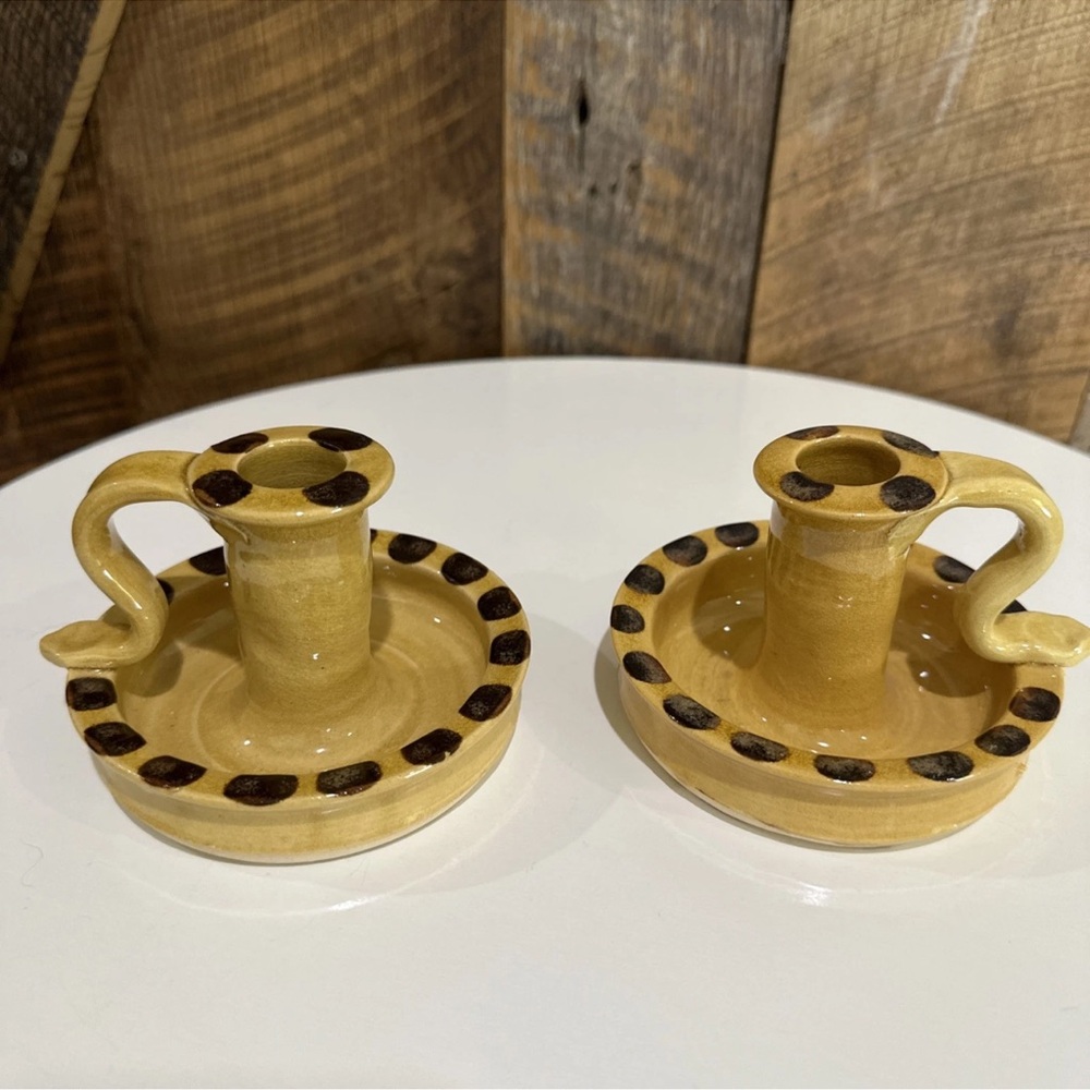 Vintage Williamsburg restoration pottery Handled candlesticks Yellow/brown dots